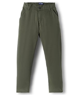 Pine Kids Cotton Elastane Woven Full Length Solid Color Trousers - Olive Green