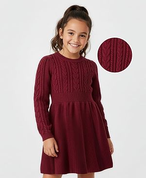 Pine Kids Knit Full Sleeves Woolen Dress  with Cable Knit Design - Maroon