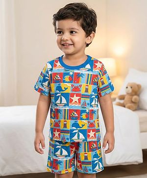 Babyhug Cotton Knit Half Sleeves Co-ords Shorts Night Suit with Nautical Theme Print - Blue