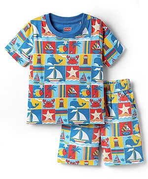 Babyhug Cotton Knit Half Sleeves Co-ords Shorts Night Suit with Nautical Theme Print - Blue