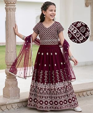 Pine Kids Woven Half Sleeves Choli Lehenga & Dupatta Set Floral Embriodery & Lace Detailing - Wine