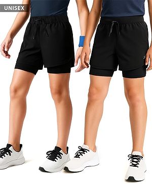 Pine Active Ultra Light Woven Above Knee Length Solid Color Shorts with High Stretch Inner Tights - Black