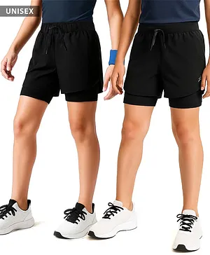 Pine Active Ultra Light Woven Above
                              Knee Length Solid Color Shorts with High
                              Stretch Inner Tights - Black