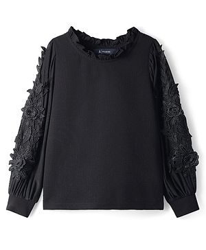 Pine Kids Woven Full Sleeves Top With Floral Patches - Black