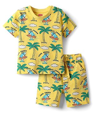 Babyhug Cotton Knit Half Sleeves Co-ords Shorts Night Suit With Beach Theme Print - Yellow