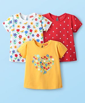 Babyhug 100% Cotton Knit Half Sleeves T-Shirts with Floral & Polka Dots Print Pack of 3 - Red Yellow & White