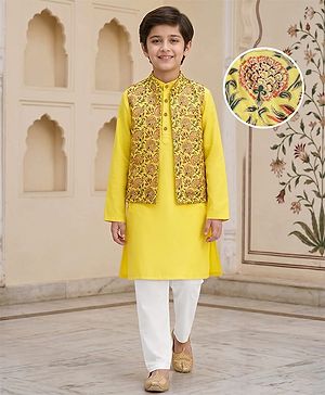 Pine Kids Cotton Woven Full Sleeves Kurta Pyjama Set with Jacket Floral Print - Yellow