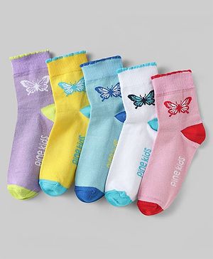 Pine Kids Cotton Knit Ankle Length Socks with Butterfly Design Pack of 5 (Color May Vary)