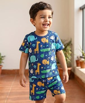 Babyhug Cotton Knit Half Sleeves Co-ords Shorts Night Suit with Jungle Theme Print - Navy Blue