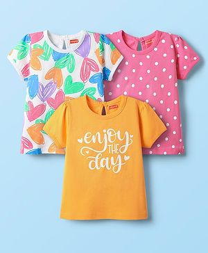 Babyhug 100% Cotton Knit Half Sleeves T-Shirts With Polka Dots Heart & Enjoy The Day Text Print Pack of 3 - Pink & White