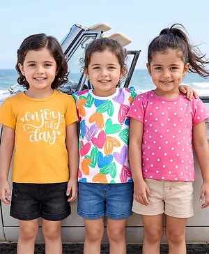 Babyhug 100% Cotton Knit Half Sleeves
                              T-Shirts With Polka Dots Heart & Enjoy
                              The Day Text Print Pack of 3 - Pink &
                              White