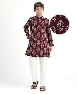 Pine Kids Cotton Woven Full Sleeves Kurta Pajama With Floral Print - Maroon & White