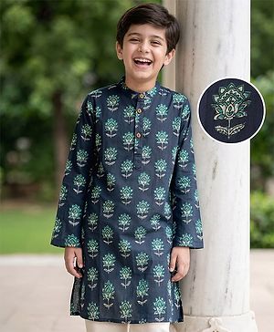 Pine Kids Cotton Woven Full Sleeves Kurta With Floral Print - Navy Blue