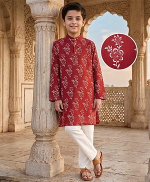 Pine Kids Cotton Woven Full Sleeves Kurta Pyjama Set Floral Print - Maroon