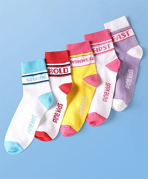 Pine Kids Cotton Knit Ankle Length Socks With Text Design Pack Of 5 ( Colour May Vary )