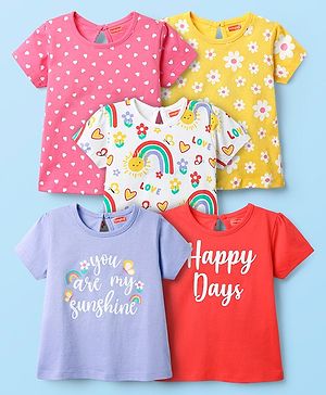Babyhug 100% Cotton Knit Half Sleeves T-Shirts With Polka Dots & Floral Print Pack Of 5 - Pink Yellow & White