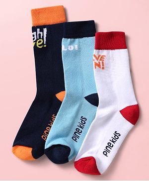 Pine Kids Knit Ankle Length Silvadur Antimicrobial Socks with Text Design Pack of 3 - Black Light Blue & White