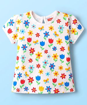 Babyhug 100% Cotton Knit Half Sleeves T-Shirt with Floral Print - White