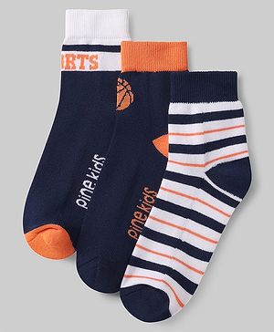 Pine Kids Cotton Knit Ankle Length Socks with Basketball & Stripe Design Pack of 3 (Color May Vary)