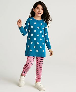 Pine Kids Knit Full Sleeves Sweater Set with Polka Dot Design & Stripes - Teal Blue & Pink