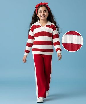 Pine Kids Knit Full Sleeves Sweater Set with Stripes - Red & White