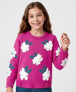 Pine Kids Knit Full Sleeve Pullover with Floral Applique - Dark Pink