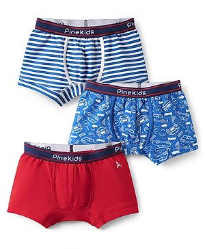 Pine Kids Cotton Knit Trunks with Stripe Design & Car Print Pack of 3 - Red & Blue
