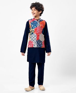 Pine Kids Woven Full Sleeves Kurta Pajama Set with Jacket & Ethnic Motif Print - Navy Blue