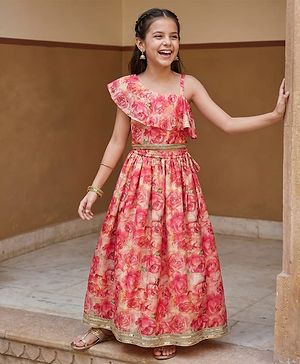 Pine Kids Woven Sleeveless Lehenga Choli Set with Floral Print & Lace Detailing - Pink