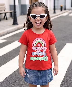 Babyhug 100% Cotton Knit Half Sleeves T-Shirt with Text & Rainbow Print - Red