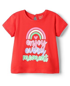 Babyhug 100% Cotton Knit Half Sleeves T-Shirt with Text & Rainbow Print - Red