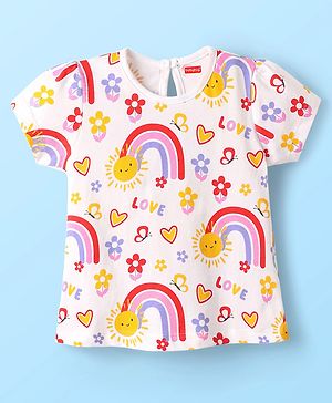 Babyhug 100% Cotton Knit Half Sleeves T-Shirt with Rainbow Print - White