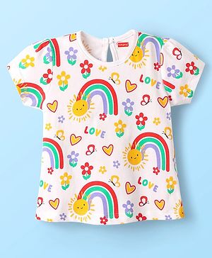 Babyhug 100% Cotton Knit Half Sleeves T-Shirt with Rainbow Print - White