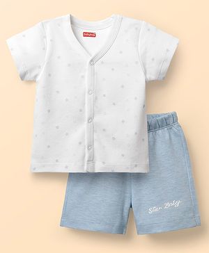 Babyhug Single Jersey Knit Half Sleeves Front Open T-Shirt & Shorts Set With Star Print - Light Blue