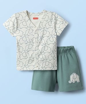 Babyhug Interlock Knit Half Sleeves Front Open T-Shirts & Shorts Sets with Elephant Print - Teal Blue