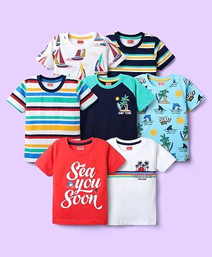 Babyhug 100% Cotton Knit Half Sleeves T-Shirts with Beach Theme Print & Stripes Pack of 7 - Multicolor