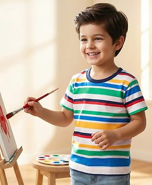 Babyhug 100% Cotton Knit Half Sleeves Striped T-Shirt - White