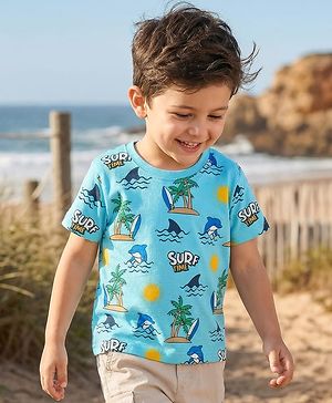 Babyhug 100% Cotton Knit Half Sleeves Beach Theme Printed T-Shirt - Light Blue