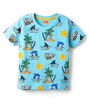 Babyhug 100% Cotton Knit Half Sleeves Beach Theme Printed T-Shirt - Light Blue