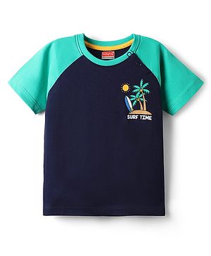 Babyhug 100% Cotton Knit Half Raglan Sleeves T-Shirt with Beach Theme Print - Navy Blue
