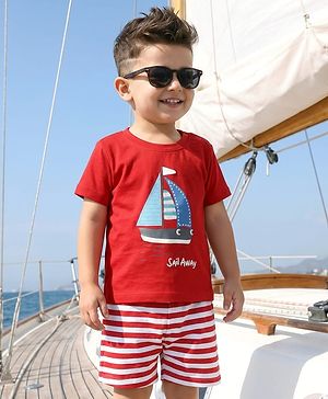 Babyhug Interlock Knit Half Sleeves T-Shirt & Shorts Set With Stripes & Nautical Theme Print - Red & White