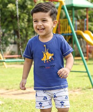 Babyhug Interlock Knit Half Sleeves T-Shirt & Shorts Set with Stripes & Animal Applique - Blue