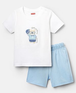 Babyhug Interlock Knit Half Sleeves T-Shirt & Shorts Set with Bear Embroidery - Light Blue & White