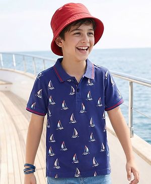 Pine Kids Cotton Knit Half Sleeves Polo T-Shirt With Nautical Print - Navy Blue