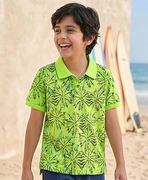 Pine Kids Cotton Knit Half Sleeves Polo T-Shirt with Tropical Print - Neon Green