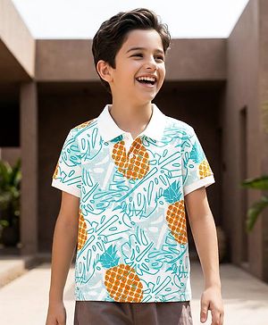 Pine Kids Cotton Knit Half Sleeves Polo T-Shirt with Pineapple Print - White