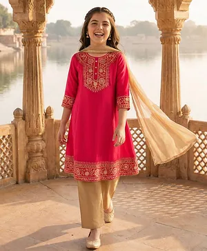 Pine Kids Woven Three Fourth Sleeves
                              Floral Embroidered & Sequinned Kurti
                              & Salwar Set with Dupatta - Dark Pink
