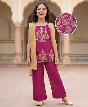 Pine Kids Woven Sleeveless Kurta Palazzo & Dupatta Set With Floral Embroidery & Sequin Detailing - Dark Pink