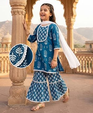 Pine Kids Cotton Woven Three Fourth Sleeves Kurti Palazzo Set with Dupatta & Floral Print - Navy Blue