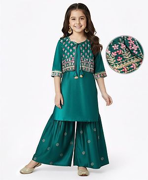 Pine Kids Woven Three Fourth Sleeves Kurta Gharara Set with Floral Embroidery & Glitter Print - Green